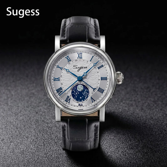 Sugess Watches for Men Automatic Mechanical Watch Moonphase Tianjin ST2108 Waterproof Date Hands Sapphire Crystal Rome Wave Dial