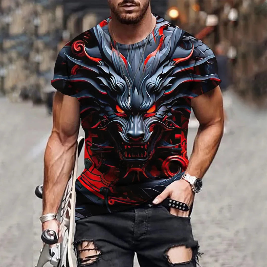 T-shirt nova de verão para homem com gola redonda, estampado 3D de dragão mágico em chamas, casual, respirável, leve, versátil e de manga curta
