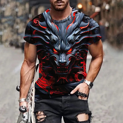 T-shirt nova de verão para homem com gola redonda, estampado 3D de dragão mágico em chamas, casual, respirável, leve, versátil e de manga curta