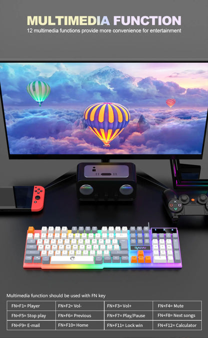 Rainbow LED Backlit Wired Gaming Keyboard And Mouse Combo with 104 Keys 3D Scroll Wheel 1600 DPI USB Interface Ergonomic PC Game