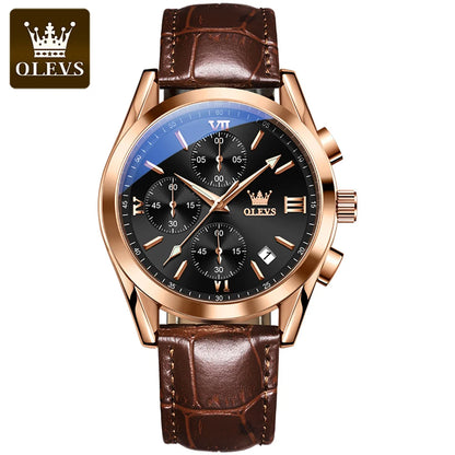 Reloj de pulsera cronógrafo para hombre OLEVS 2872 – Correa de piel, resistente al agua, agujas luminiscentes, movimiento de cuarzo, estilo deportivo de lujo