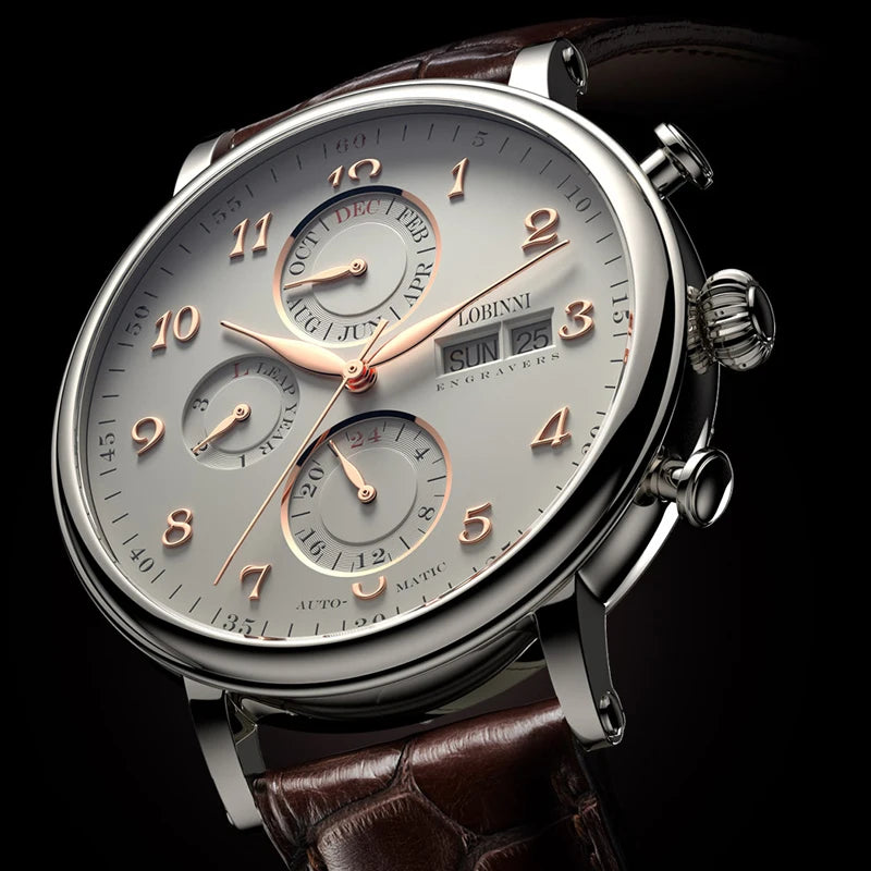 Relógio masculino mecânico automático LOBINNI Luxury Brand Switzerland com calendário perpétuo, vidro de safira e mostrador multifunções L13019-8