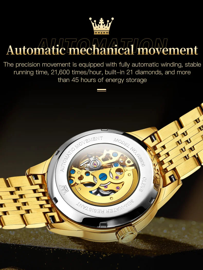 OLEVS Men's Watches Luxury Gold Skeleton Automatic Mechanical Wrist Watch for Man Waterproof Stainless Steel Luminous Business