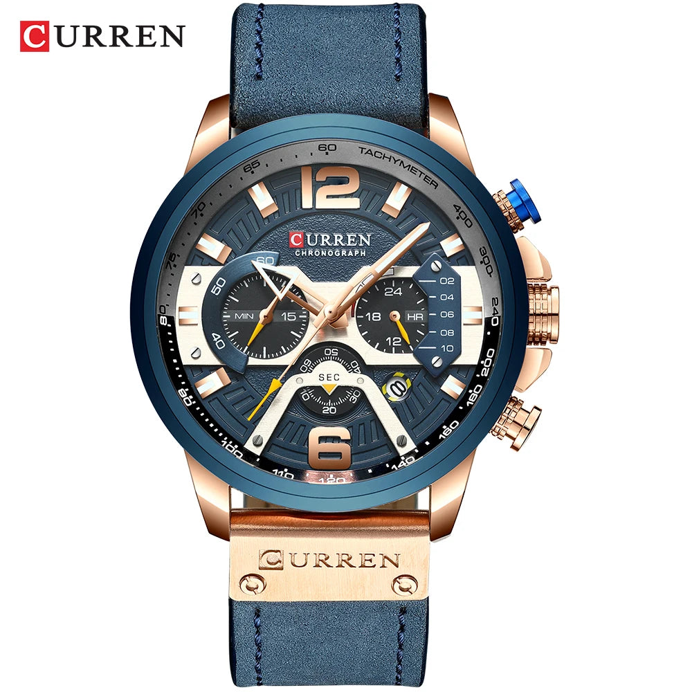 CURREN 8329 herreur – Afslappet sportsstil, militærinspireret design, læderrem, trendy kronograf, luksusur fra et kendt mærke