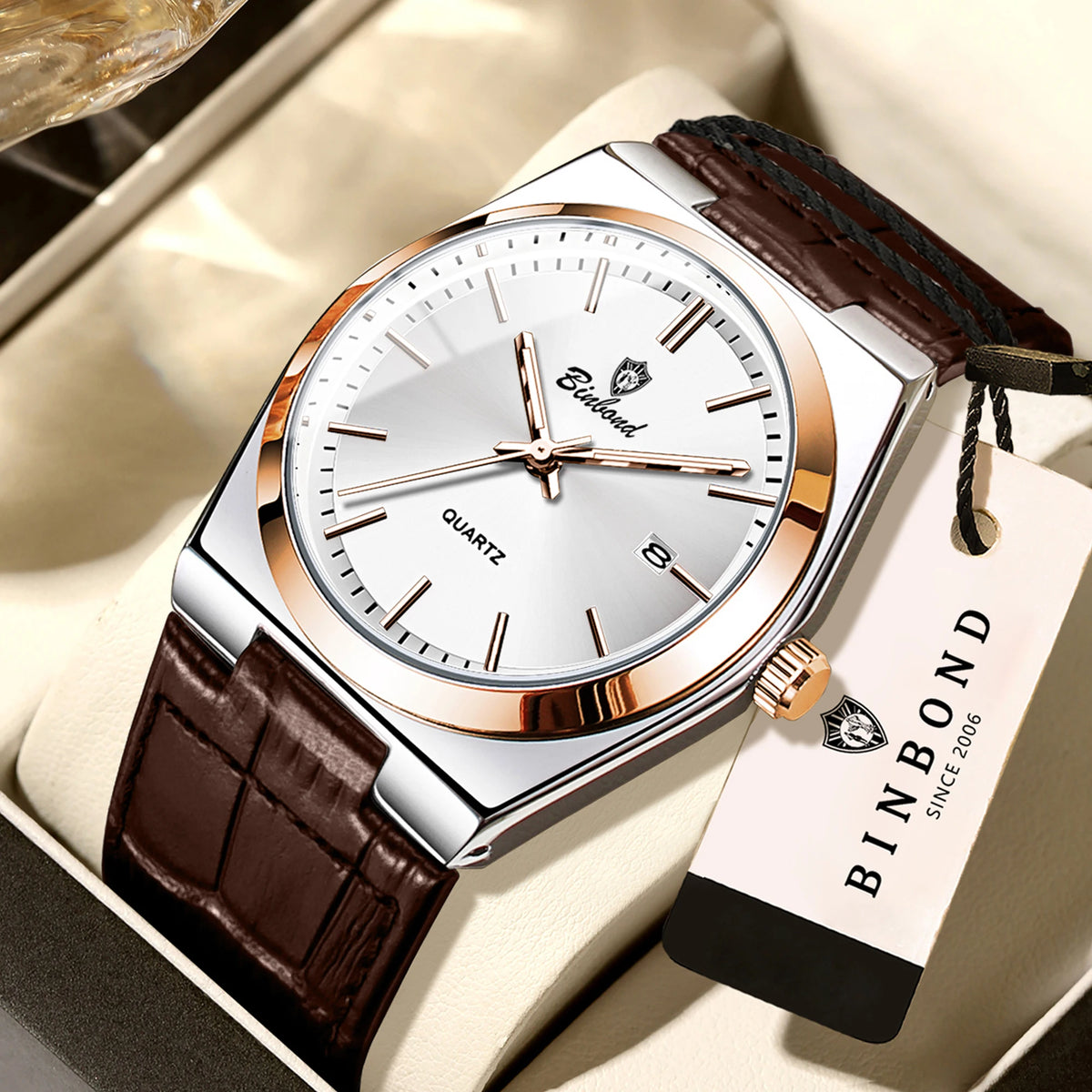 Montre-bracelet à quartz de luxe BINBOND pour homme – Étanche, lumineuse, avec date automatique – Style professionnel, sportif, tendance et décontracté – Bracelet en cuir
