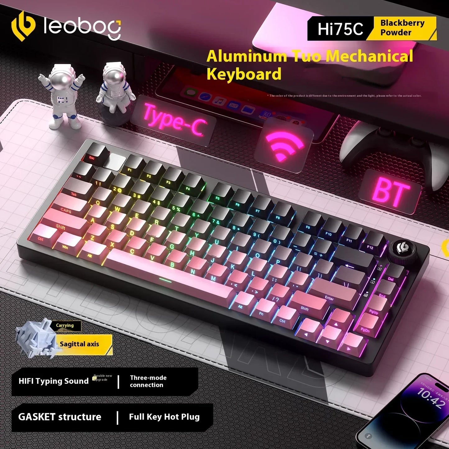 Kit de Teclado Mecânico LEOBOG Hi75C 3 Modos/Com Fio Hot-Swap com Botão Rotativo RGB, Liga de Alumínio, Montagem Gasket, Kit de Teclado Hi75C Personalizado para PC, Presente