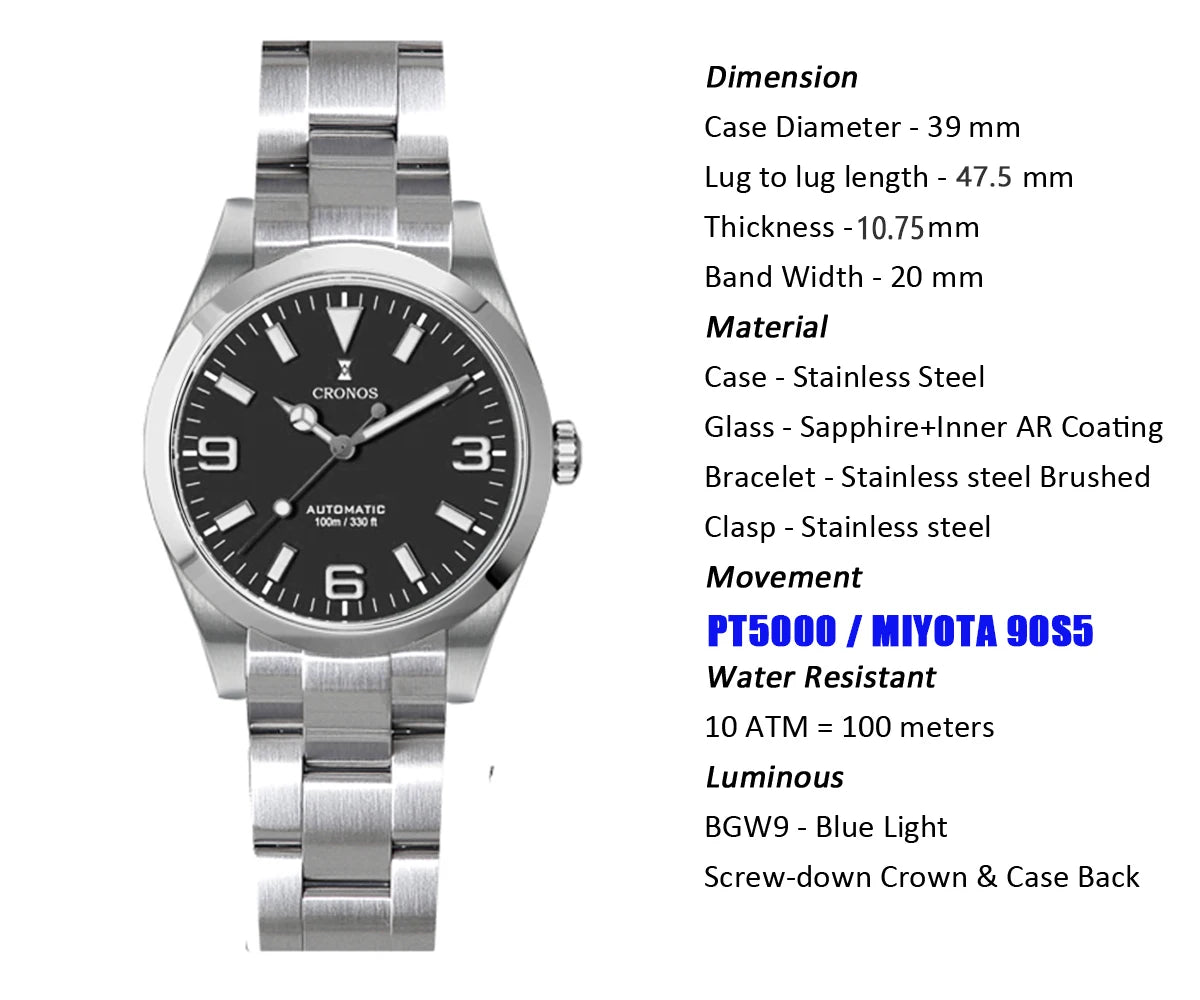Cronos EX Diver Mechanical Men's Watch 39mm Automatic PT5000 / Miyota 90S5 Sapphire Glass Bushed Bracelet Glide Clasp 10 ATM L6031