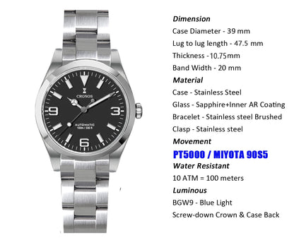 Cronos EX Diver Mechanical Men's Watch 39mm Automatic PT5000 / Miyota 90S5 Sapphire Glass Bushed Bracelet Glide Clasp 10 ATM L6031