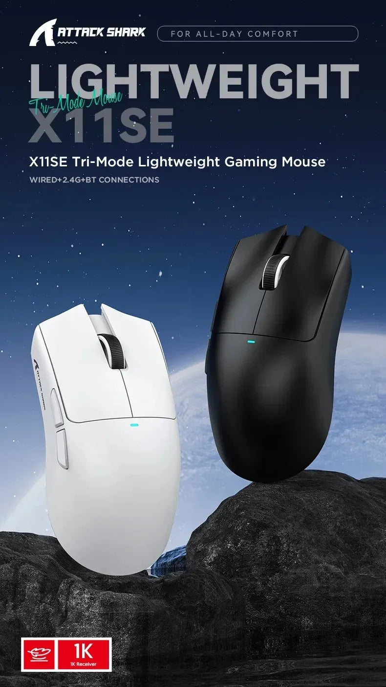 Ratón gaming inalámbrico ultraligero ATTACK SHARK X11SE, vida útil de 20 millones de clics, PAW3311 Gaming, 22KDPI, 400IPS, 40G, 1KHz, 65 horas, 30mAH