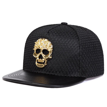 Skull Baseball Cap - Alloy Rhinestone PU Leather Brim Flat Cap, Hip-Hop Street Style Hat for Men & Women"