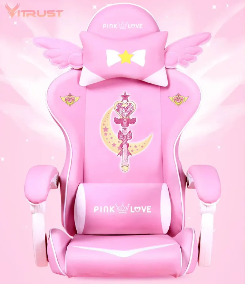 Pink Gaming Chair for Girls, Cute Comfortable Gaming Chair with Armrests, Swivel Height Adjustable Gamer Chair for Bedroom, Office & Streaming