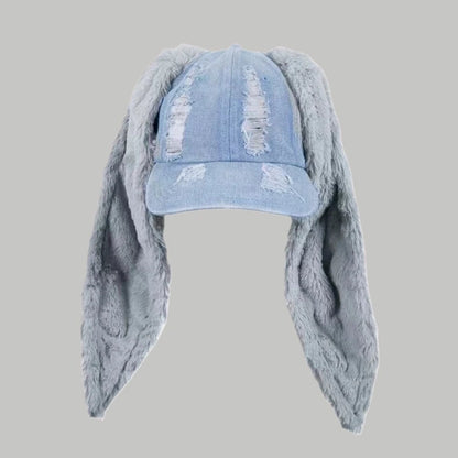 Celebrity-Inspired Niche Rabbit Ear Denim Ripped Baseball Cap Washed Graffiti Hip-Hop Sun Hat Trendy Cap