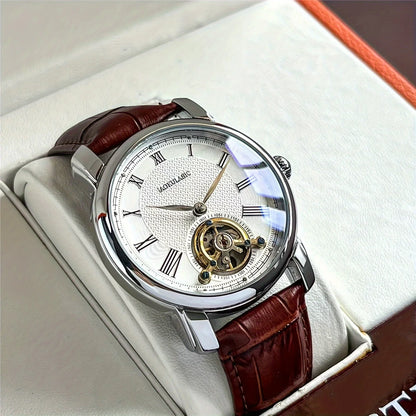 Mechanische Automatikuhr für Herren – Elegantes Ajour-Design, trendiger „Business-Casual“-Stil, Gehäuse aus Metalllegierung und Lederarmband, batterielos