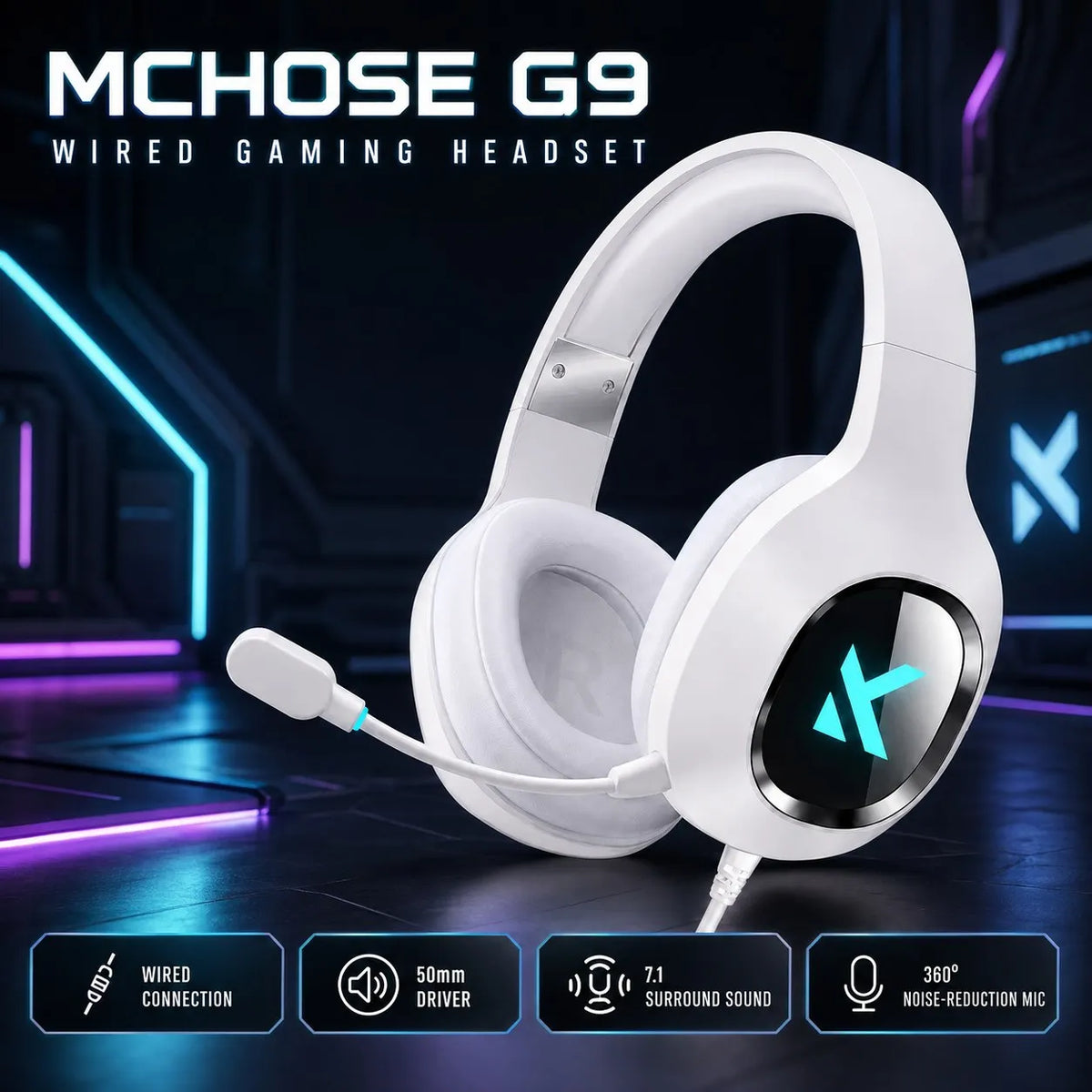 Casque gaming filaire MCHOSE G9, haut-parleurs 50 mm, son surround 7.1, micro et RGB
