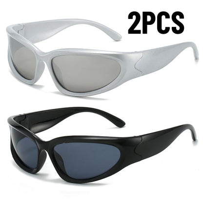 Y2K Wrap Around Sunglasses Fashion Rave Metallic Chrome Space Alien Glasses Futuristic Shades Sports for Women Men