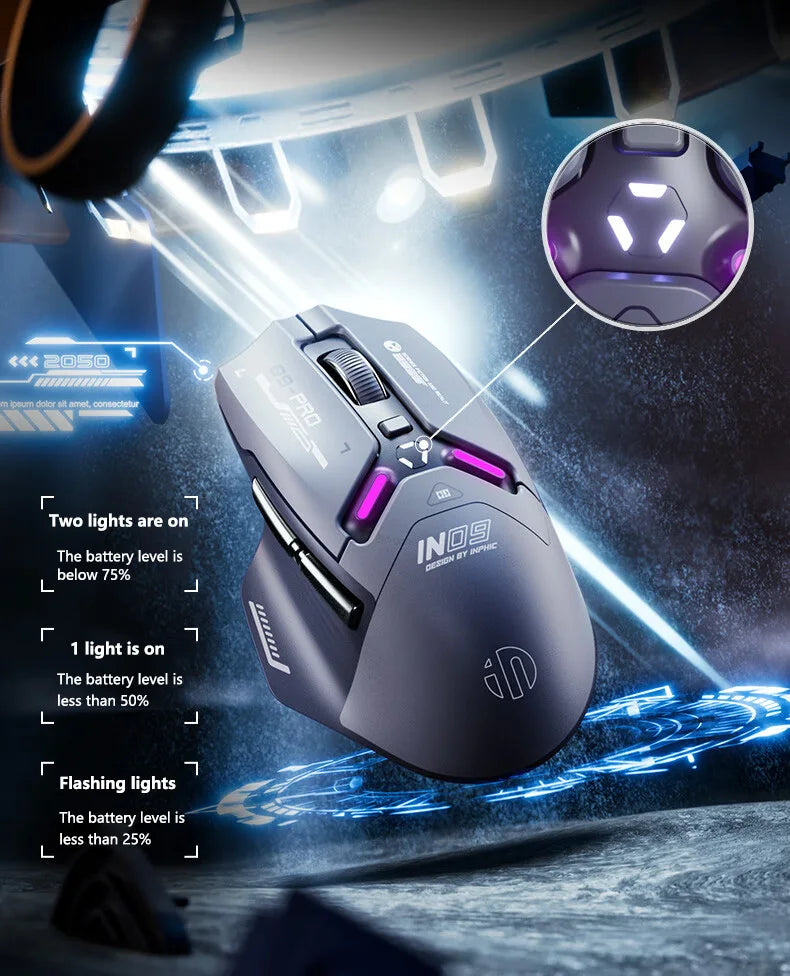 Ratón gaming inalámbrico Inphic IN9PRO 26000DPI, tasa de sondeo 8K, Bluetooth 5.0, con cable, 2.4G, trimodo, RGB, ergonómico
