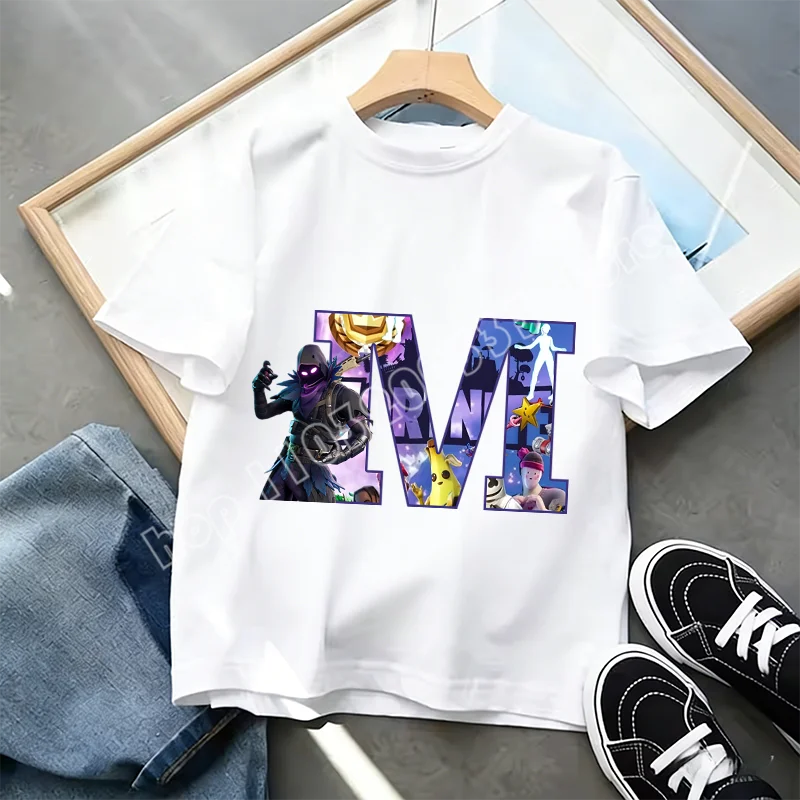 Fortnite A-Z Alphabet Print T Shirt Summer Kids White Clothing Popular Cartoon Game T Shirt Fashion Casual Short Sleeve Top Gift
