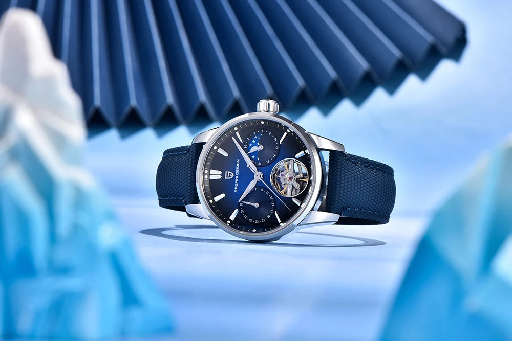 PAGANI DESIGN – Luxe mechanisch herenhorloge, 41 mm, saffierglas, leren band, waterdicht, pilotenstijl, met tourbillon en maanfase
