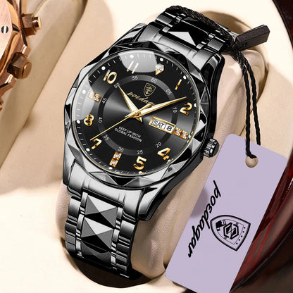 Montre homme POEDAGAR Fashion Luxury, étanche, lumineuse, à quartz, bracelet en acier inoxydable, date et jour de la semaine, style décontracté.