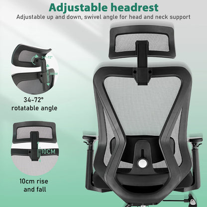 Durrafy Ergonomic Office Chair with Headrest & Armrests, Adjustable Swivel Desk Chair, 90°-130° Reclining Executive Mesh Chair for Home Office