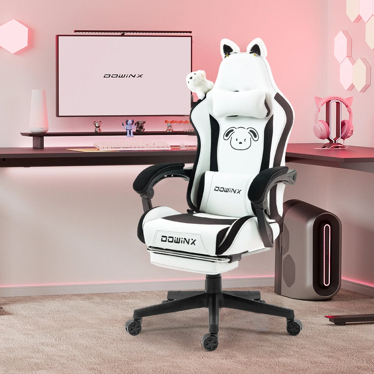 Niedlicher Gaming-Stuhl mit Katzenohren, Fußstütze, pinker Kawaii-Computerstuhl, ergonomischer Gamer-Sitz mit hoher Rückenlehne und Lendenstütze in Katzenpfotenform