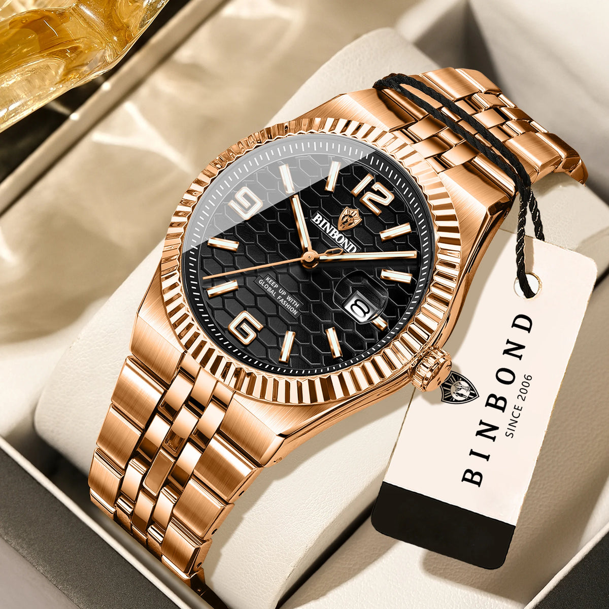 Montre-bracelet à quartz de luxe BINBOND, lumineuse, étanche, date automatique, pour homme, en acier, style business, sport, mode et décontracté.