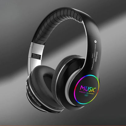 Casque audio RGB Bluetooth 5.0 sans fil, stéréo, circum-auriculaire, avec radio FM, carte TF, AUX, design pliable, 10H d'autonomie
