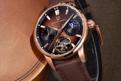 PAGANI DESIGN – Luxe mechanisch herenhorloge, 41 mm, saffierglas, leren band, waterdicht, pilotenstijl, met tourbillon en maanfase