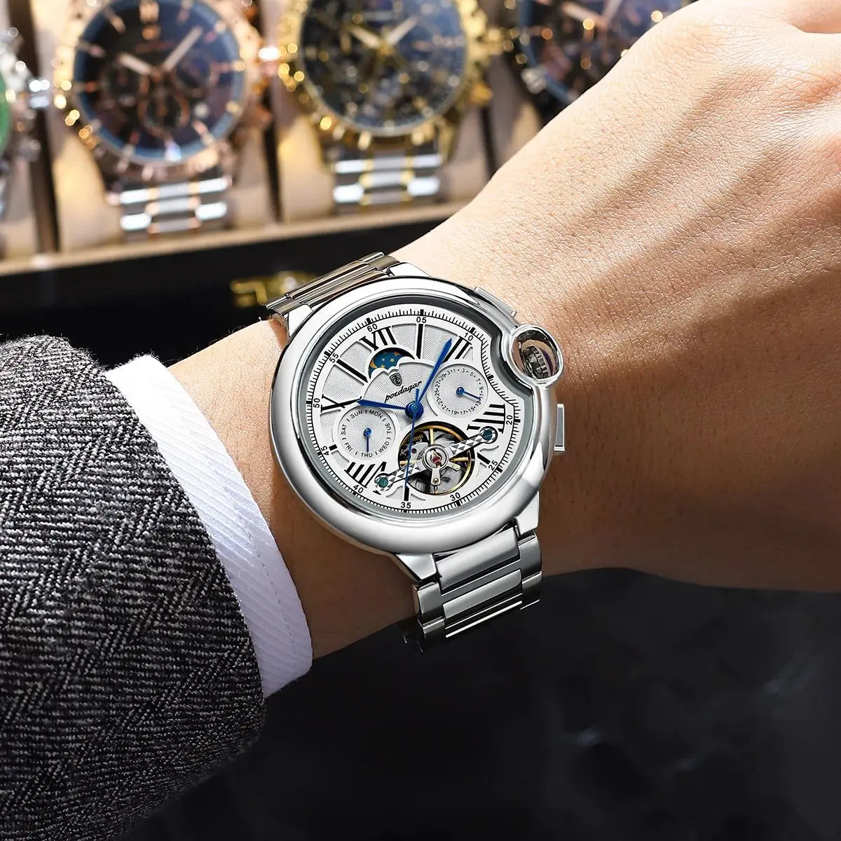 POEDAGAR Luxury Male Watch Tourbillon Date Week Stainless Steel Men Watch Waterproof Automatic Mechanical Military Men's Watches