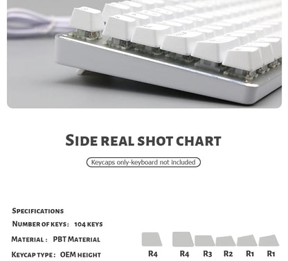 104 Tasten Koreanische, französische, russische, spanische und deutsche hintergrundbeleuchtete Tastenkappen für mechanische Tastaturen mit MX-Switches, OEM-Profil, ABS-Keycaps, DIY