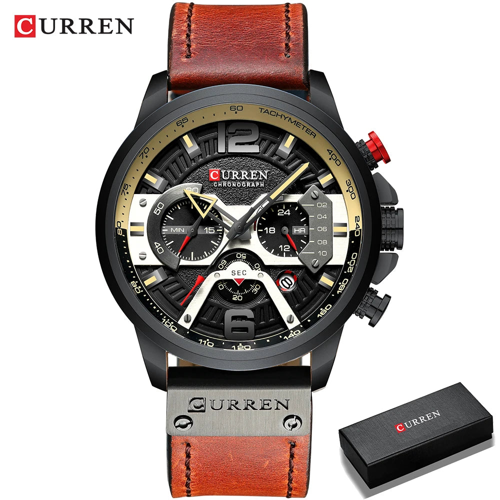 CURREN 8329 herreur – Afslappet sportsstil, militærinspireret design, læderrem, trendy kronograf, luksusur fra et kendt mærke