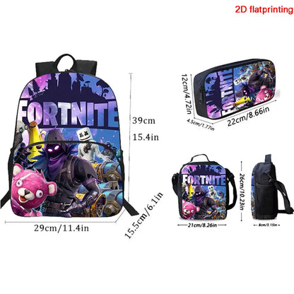 Conjunto FORTNITE leve de 3 peças: mochila com bolso frontal, lancheira e estojo, com porta-chaves 3D impresso grátis, para meninos, meninas e crianças dos 5 aos 10 anos