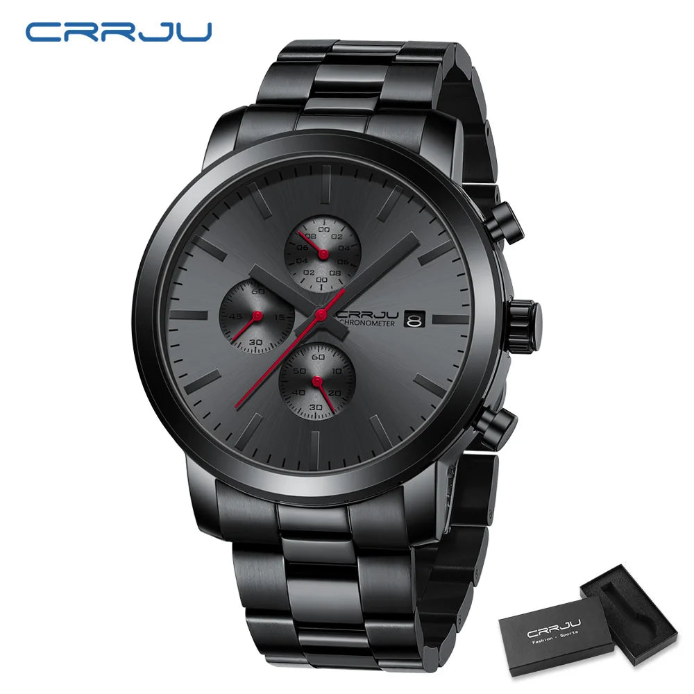 Herrenuhr CRRJU – Chronograph aus Edelstahl, wasserdicht, mit Datumsanzeige, analogem Quarzwerk, eleganter und professioneller Stil