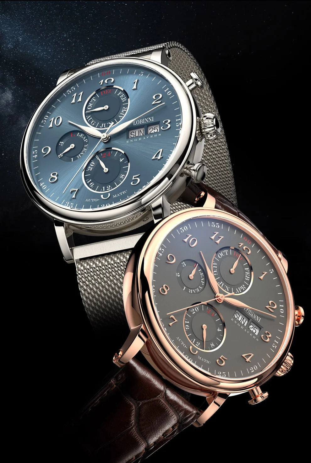 Relógio masculino mecânico automático LOBINNI Luxury Brand Switzerland com calendário perpétuo, vidro de safira e mostrador multifunções L13019-8