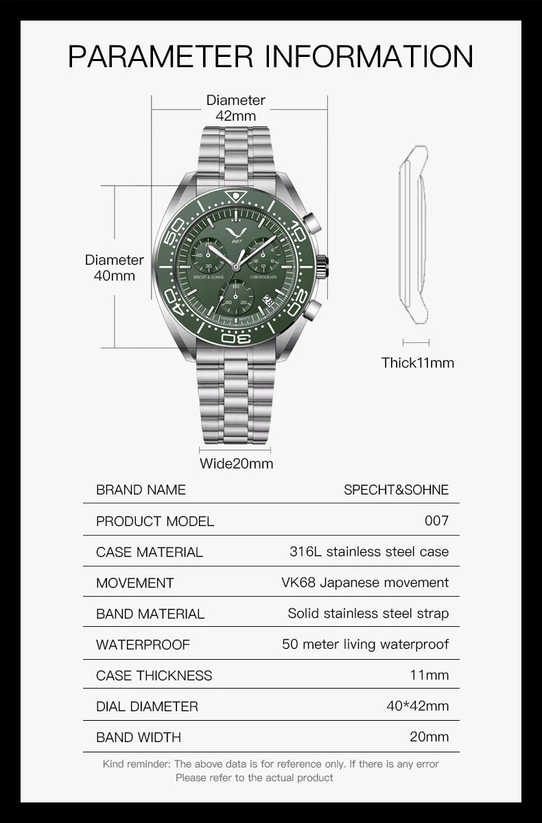 New 007 Specht&Sohne Sports Watches For Men Top Brand Luxury Steel Wrist Watch Fashion Japan VK68 Chronograph Relogio Masculino