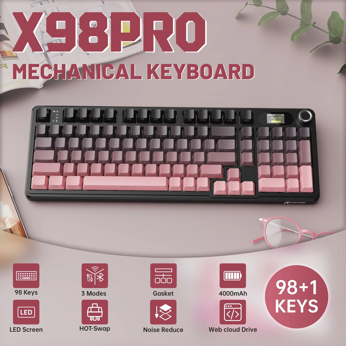 ATTACK SHARK X98PRO Tri-mode Gasket Mechanical Keyboard with TFT Screen & Knob, 99Keys Layout, 5-Layer Foams, Hot-Swap, RGB