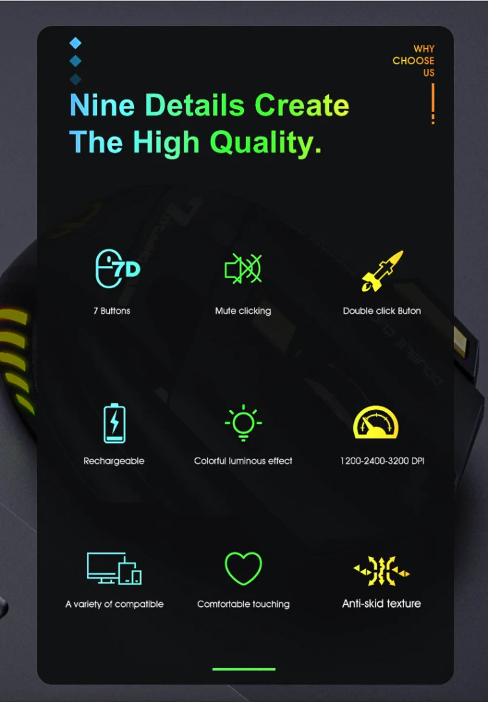 GW 2.4G and Bluetooth Wireless Mouse Silent Rechargeable Breathing Light 7 Keys DPI Adjustable Optical Sensor Mouse Game Office