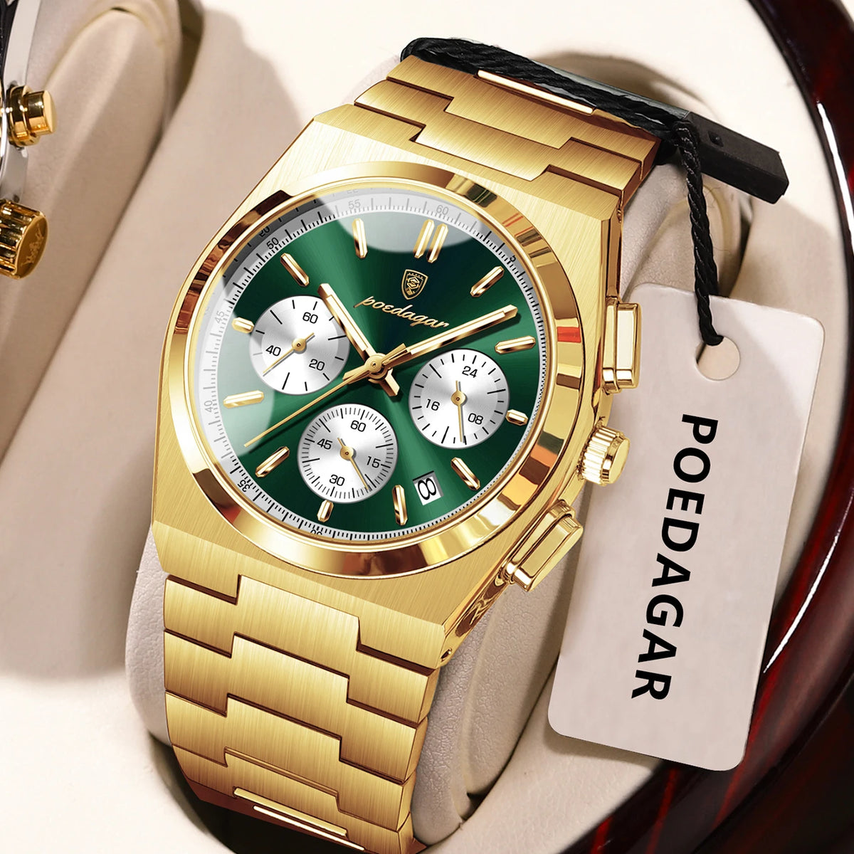Montre pour homme POEDAGAR – Chronographe de luxe en acier inoxydable, avec date, étanche et luminescente – Montre-bracelet sportive à quartz