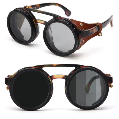 Adjustable 9-Gear ND Filter Steampunk Sunglasses UV400 Round Retro Punk Sun Glasses with Side Shields Leather Patch for Men Wome