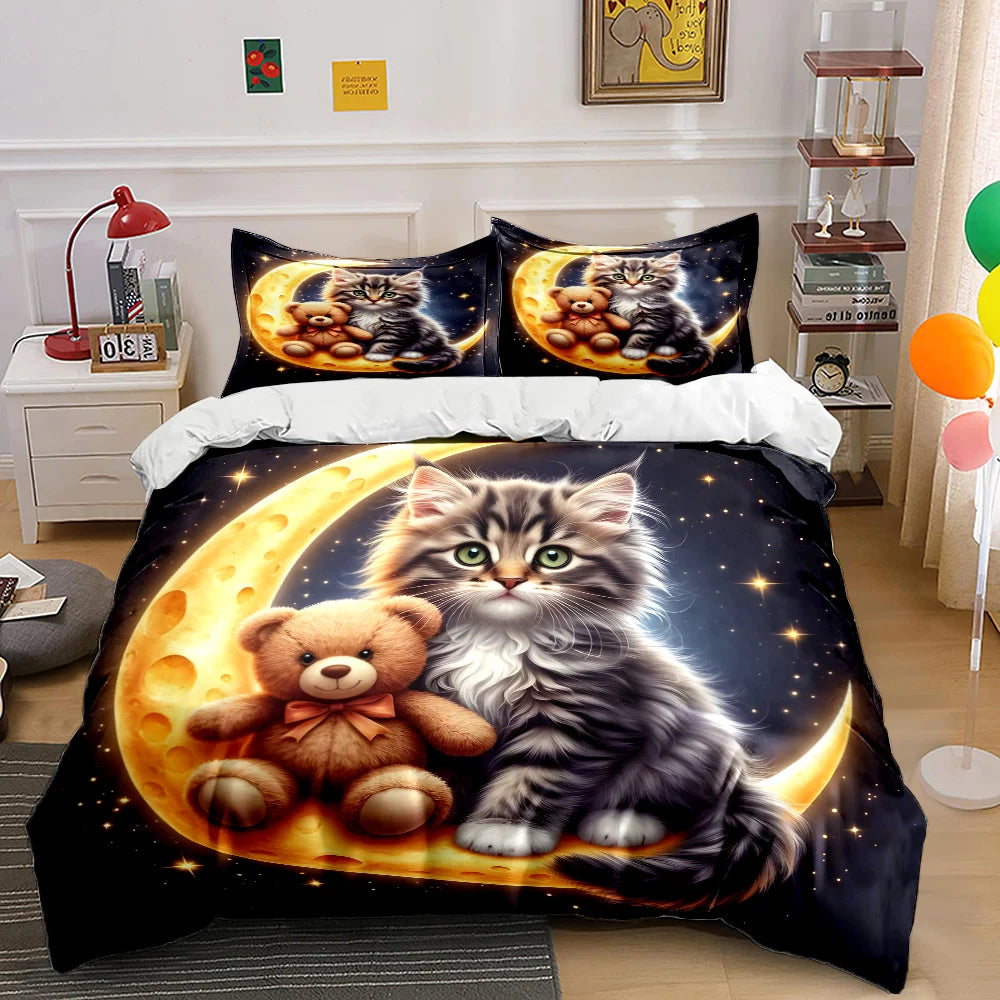 Cute Cat and Teddy on Moon Pattern Duvet Cover Set Digital Print Colorful Polyester Bedding with Zipper Closur for kids gifts