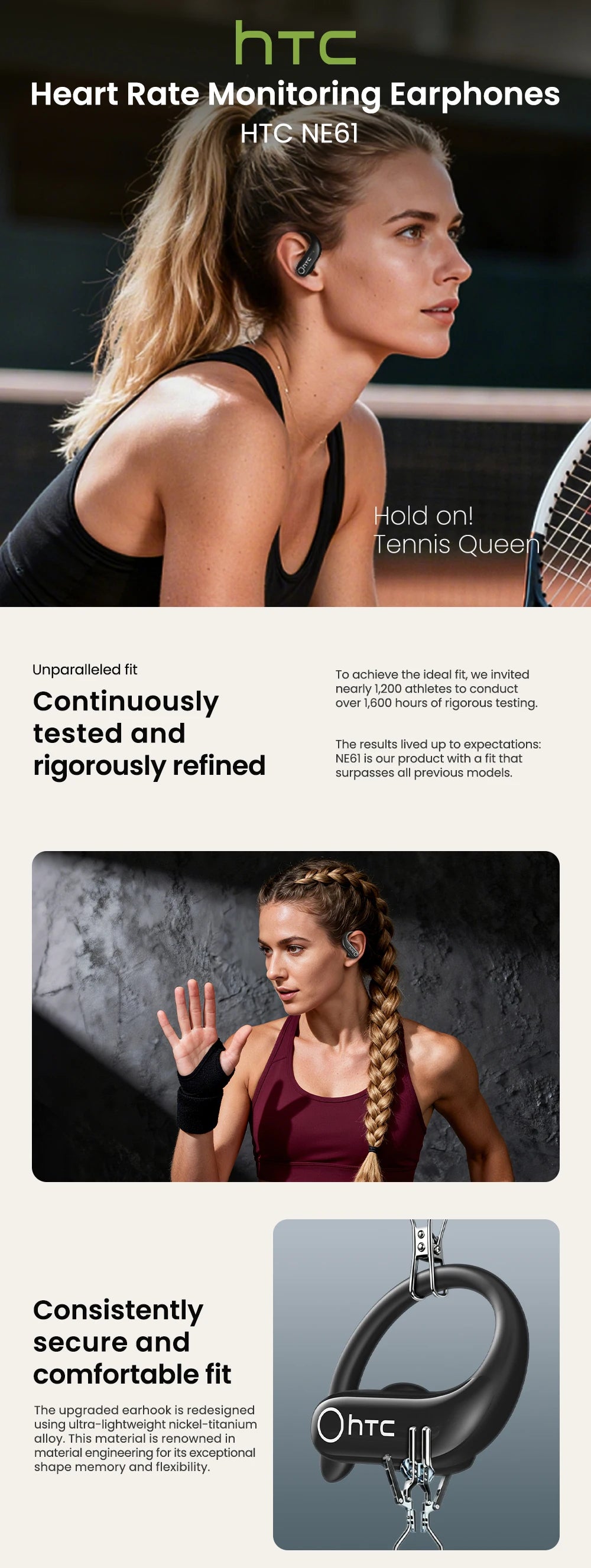 HTC NE61 Bluetooth Earphones – Premium Wireless Noise Reduction Sports Earbuds with AI Translator, Heart Rate Monitor &amp; HD Bass