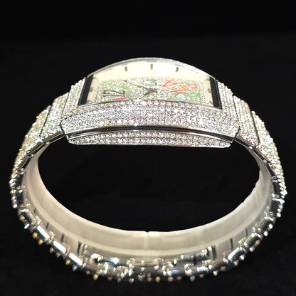 Men's Luxury Barrel-Shaped Quartz Watch With Black Iced Diamond Rainbow Number Dial Luminous Hands Watches For Man Dropshipping