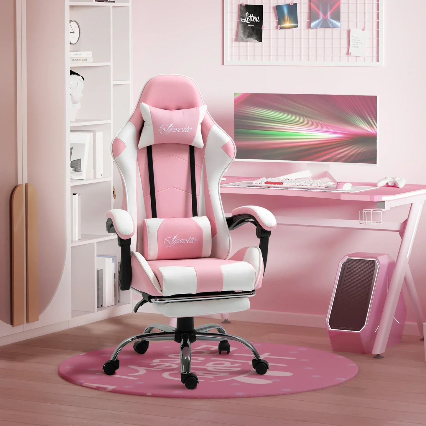 Gaming Chair Computer Chair Ergonomic Office Chair with Headrest Lumbar Pad Height Adjustable 360° Rotation Pink + White