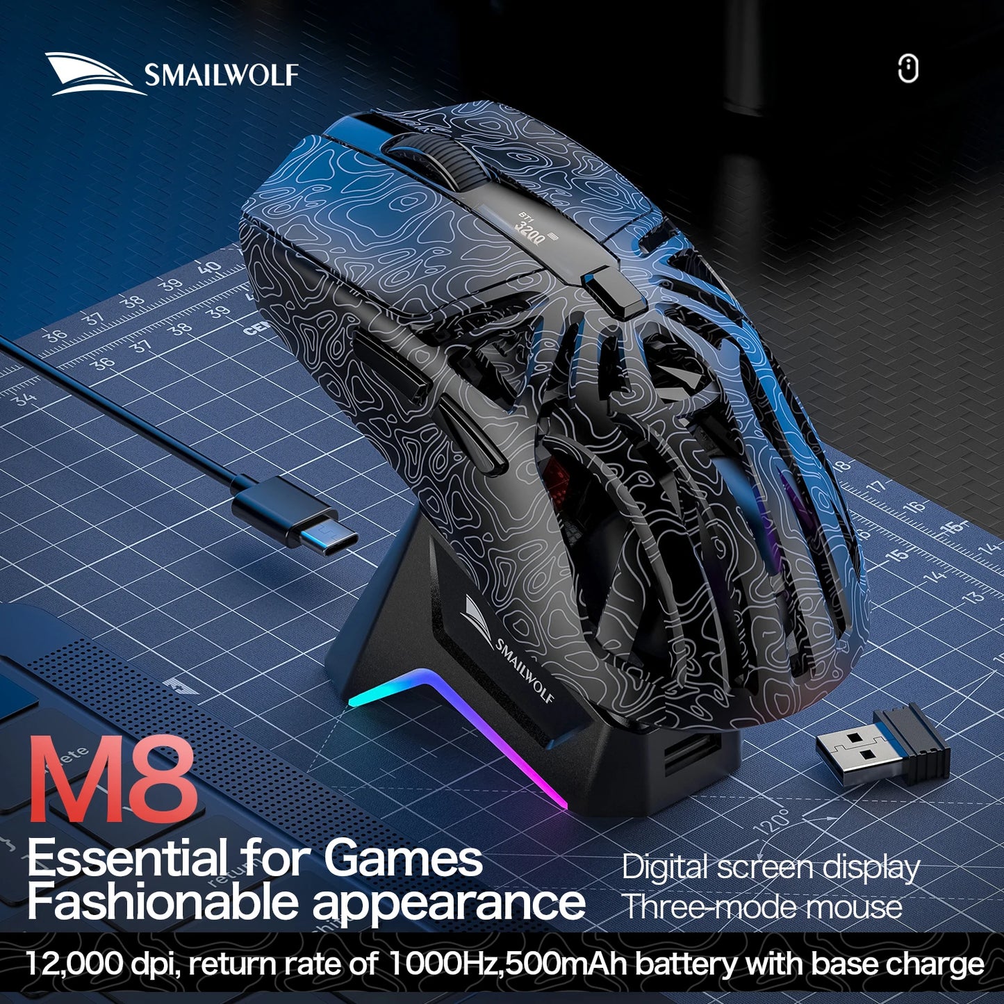 SMAILWOLF M8 Bluetooth wireless mouse, three-mode RGB charging base e-sports gaming mouse, PAW3311 lightweight gaming office