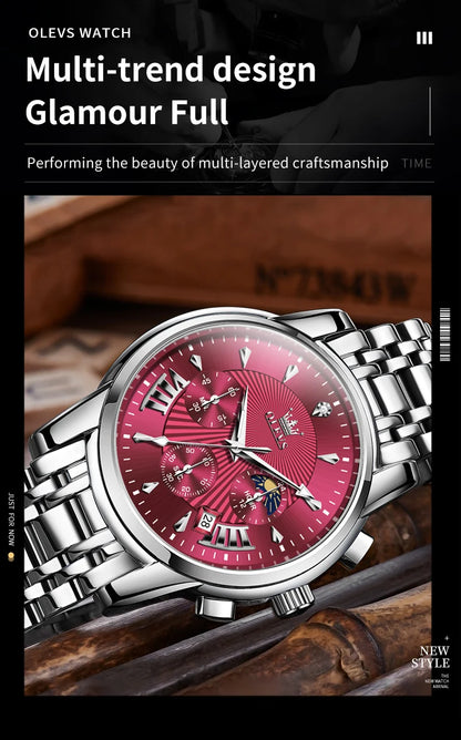 OLEVS Brand Fashion Red Watch For Men Luxury Sport Waterproof Stainless Steel Chronograph Quartz Watches Mens Relogio Masculino