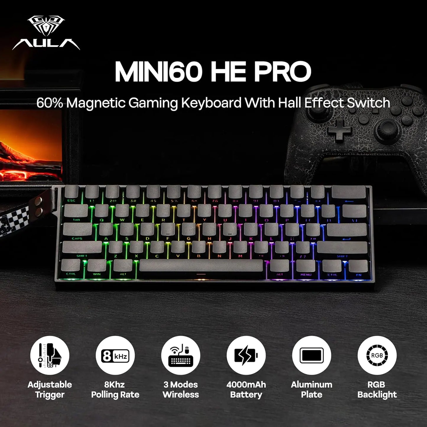 AULA Mini60 HE/Pro/Max Teclado Mecânico 60% com Switches Magnéticos RGB Tri Mode Sem Fios 8000Hz 0.01mmRT para PC Gamer Presentes