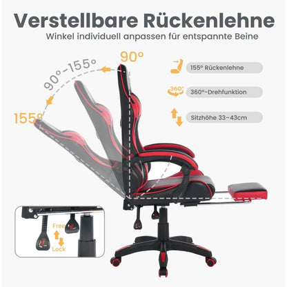 Ergonomic Rotating Gaming Chair, 360° Reclining Office Chair, Pivoting, Height-Adjustable, Footrest, Headrest