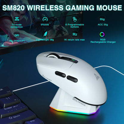 SOLAKAKA SM820 trådlös mus i tre lägen med magnetisk laddningsdocka, RGB, PAW3311, 24000DPI, trådlös makro-gamingmus, ultralätt