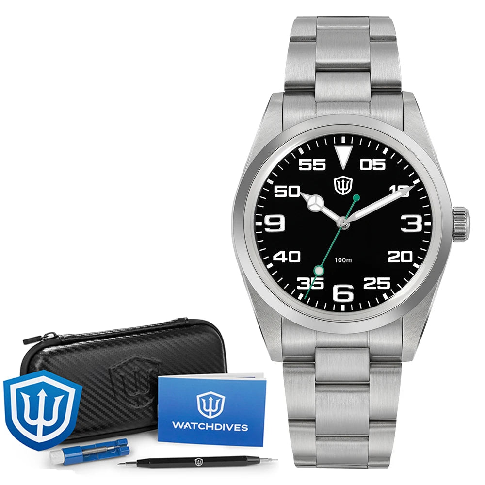 Relógio Watchdives WD1016 V3 37mm com movimento VH31 Sweep em aço inoxidável, safira de luxo, impermeável 100m, relógio para homem com caixa de oferta