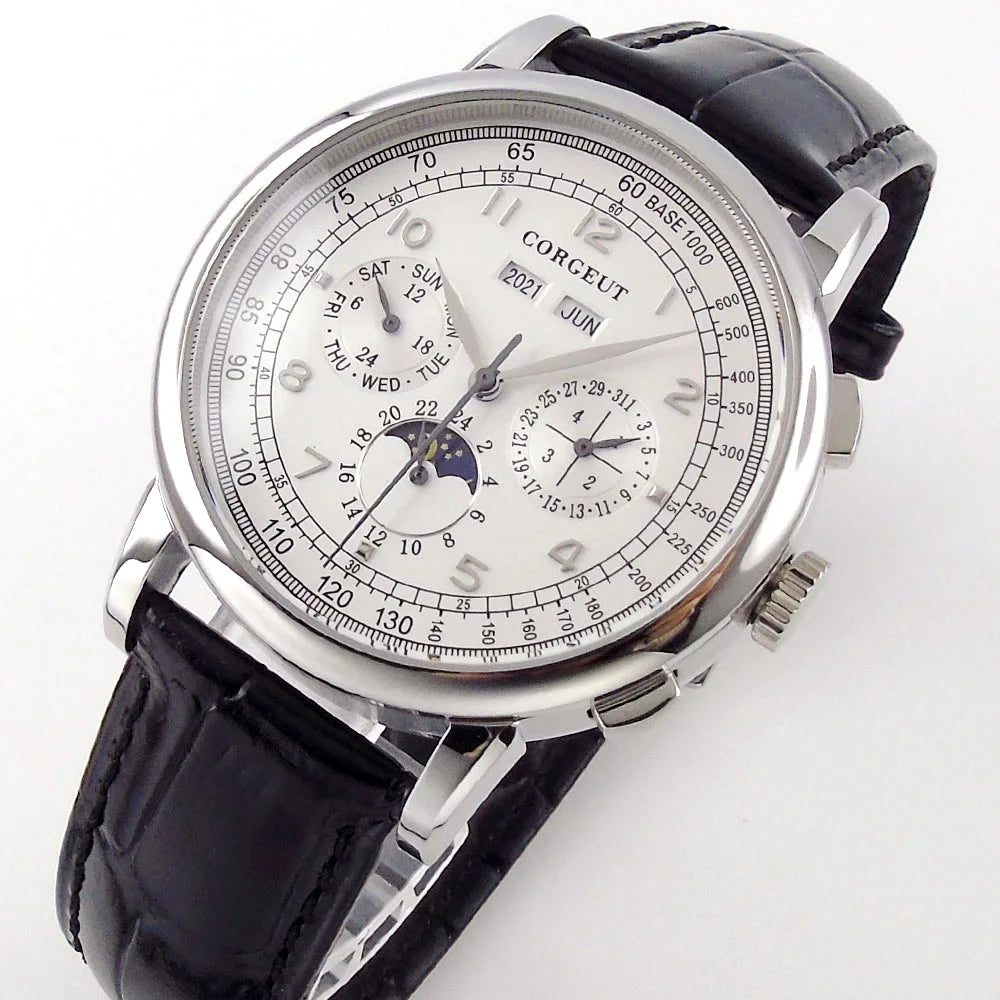 Corgeut Multi Functional Watch Automatic Mechanical Watch for Men 42mm Day Date Month Year Day/Night ST1655 Movt Polished Case